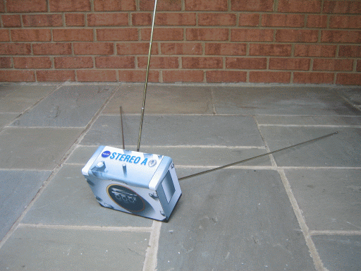 Graphic showing model of Stereo spacecraft with long antennas.